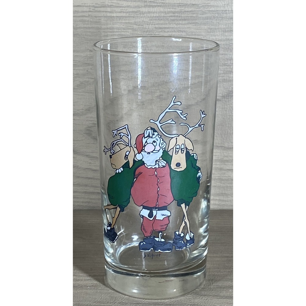 Vtg Balfour Tipsy Santa & Reindeer Highball Glass Christmas Tumbler Bar Ware